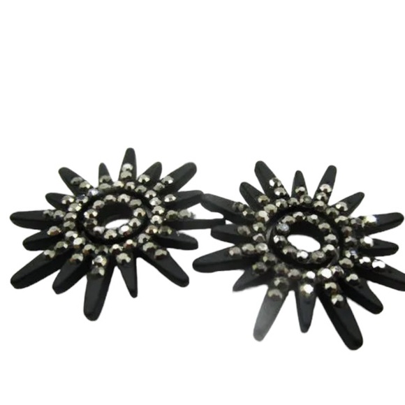 Black Starburst Rhinestones, Crystals Boho Vintage Inspired Sparkle Earrings - Picture 5 of 5